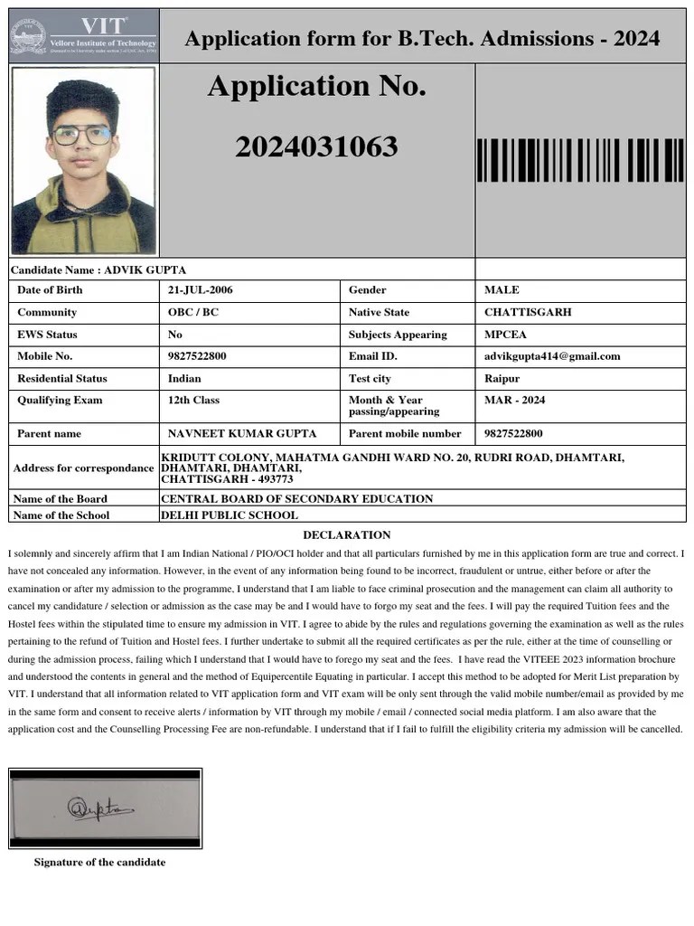 Application No. 2024031063 Application Form For B.Tech. Admissions 2025 PDF