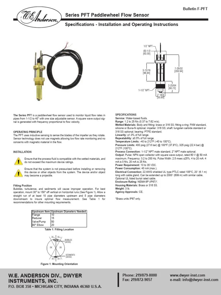 Series PFT Paddlewheel Flow Sensor Specifications Installation and