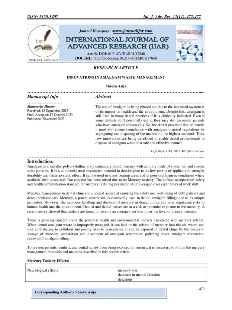 Innovations in Amalgam Waste Management PDF Mercury (Element