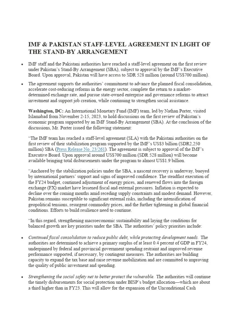 Imf & Pakistan StaffLevel Agreement in Light of The StandBy