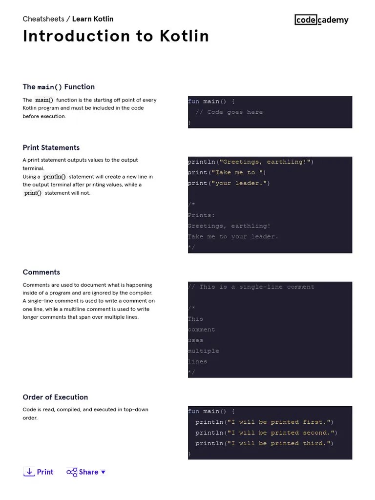 Introduction To Kotlin Cheatsheet Codecademy PDF