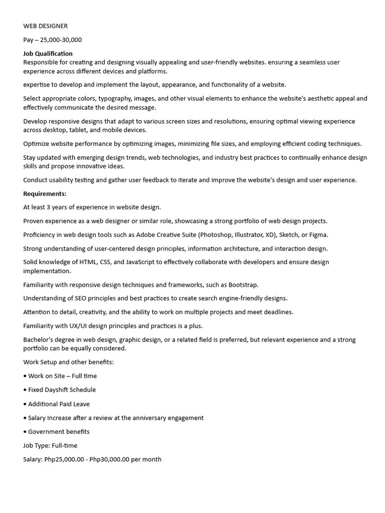WEB DESIGNER Job Description PDF