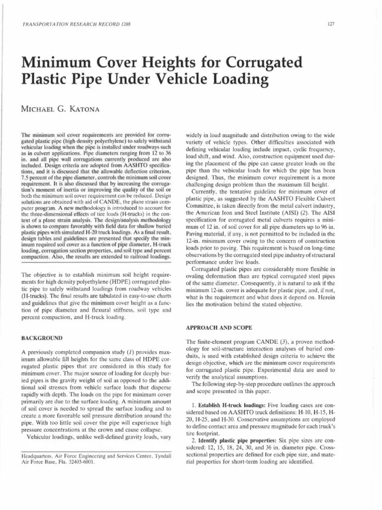 Minimum Cover Heights For Corrugated Plastic Pipe Under Vehicle Loading