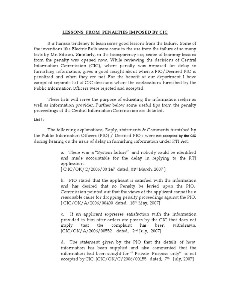 Lessons From Penalties Imposed On PIO by Central Information Commission