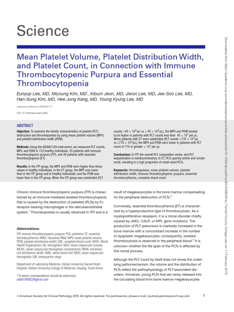 Mean Platelet Volume, Platelet Distribution Width PDF Epidemiology