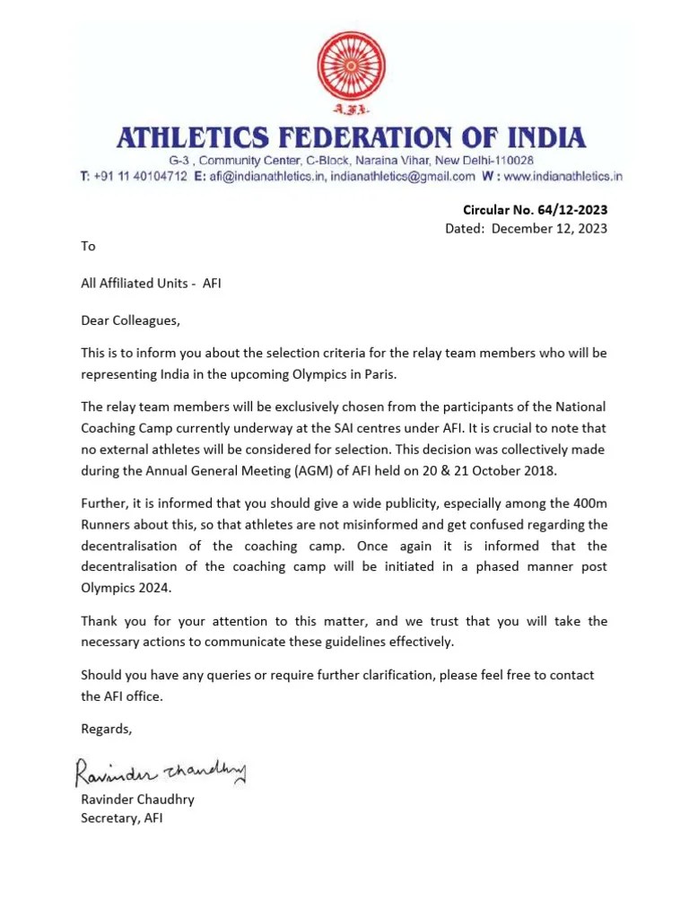 Circular No. 64 Selection Criteria For Relay Team at Olympics PDF
