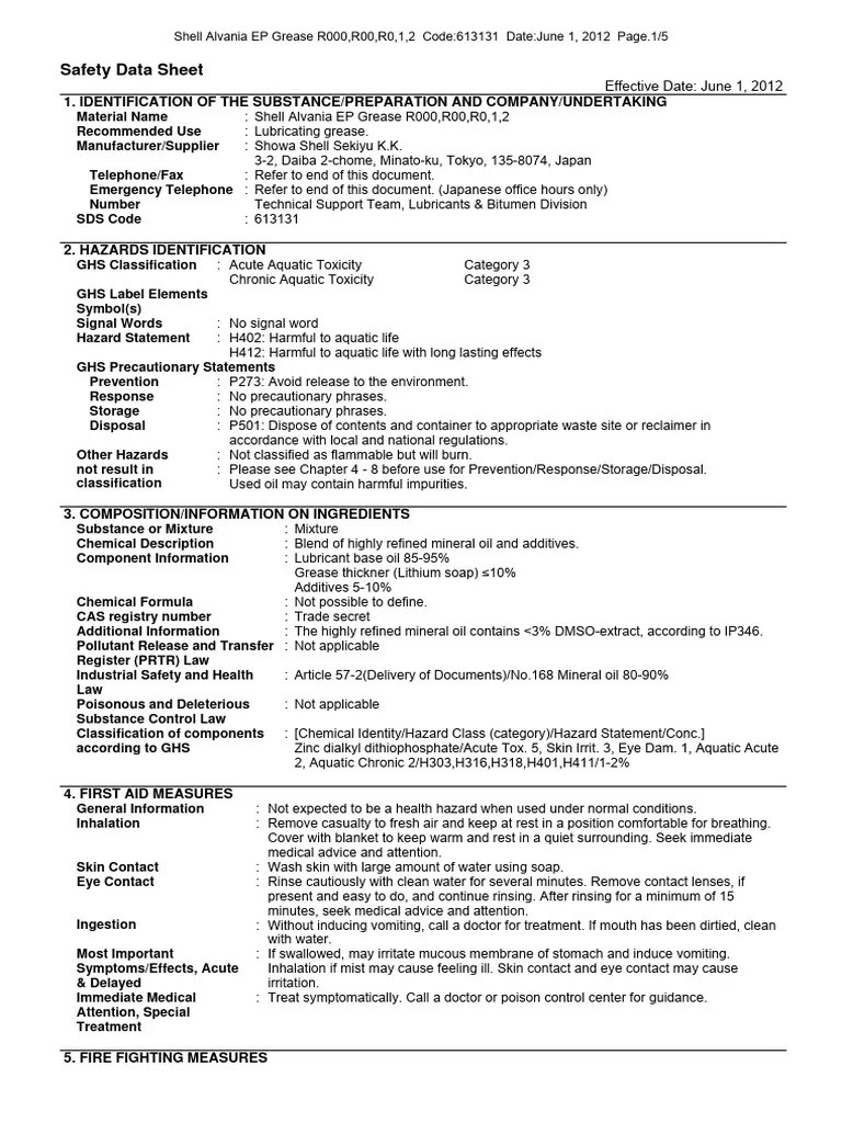 Alvania EP Grease PDF Dangerous Goods Toxicity