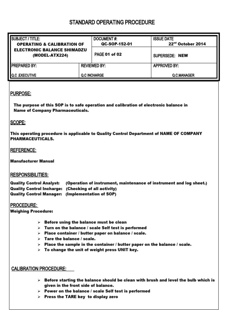 SOP for operating and calibration of Electronic Balance PDF Weighing Scale Calibration
