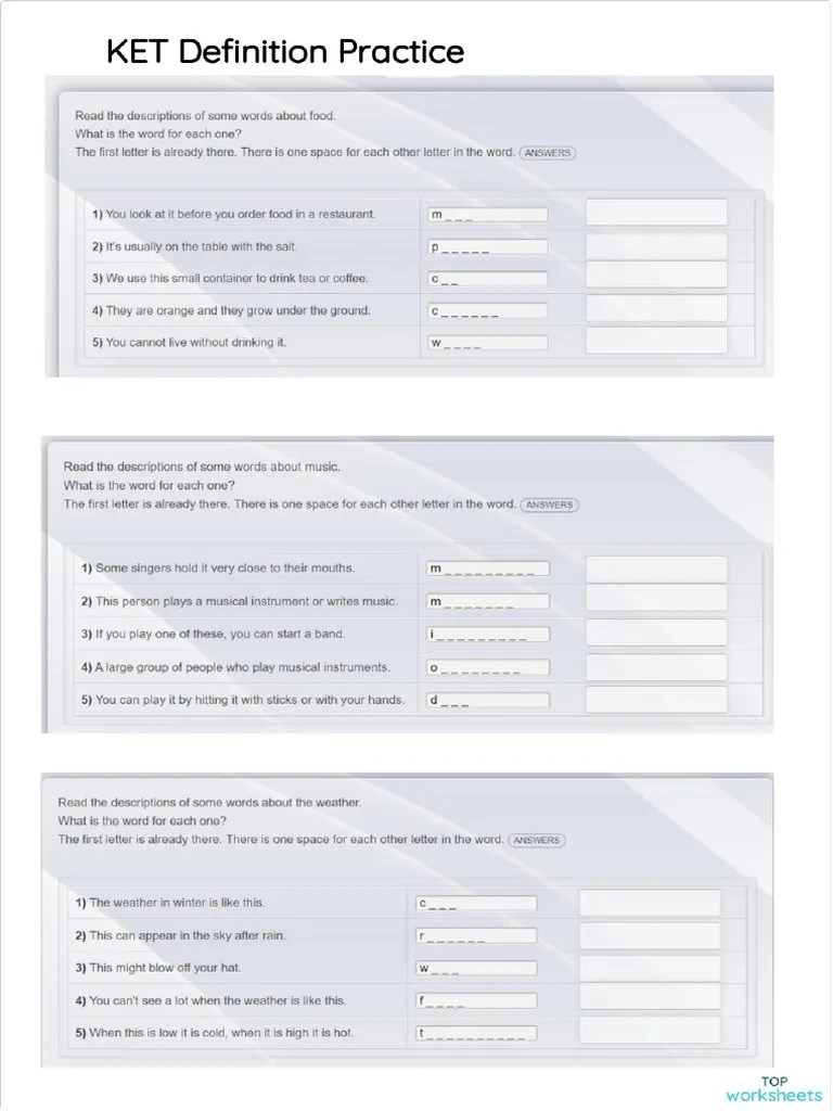 KET Definition Practice PDF