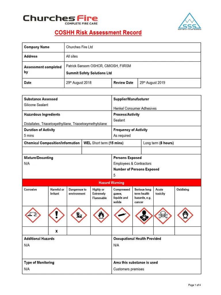 Coshh Silicone Sealant Risk Assessment PDF Chemistry Workplace