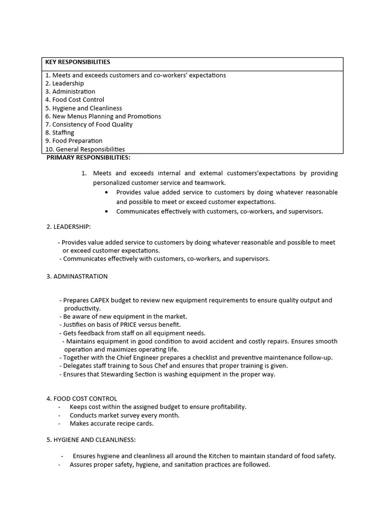 Job Description Sous Chef Download Free PDF Hygiene Menu