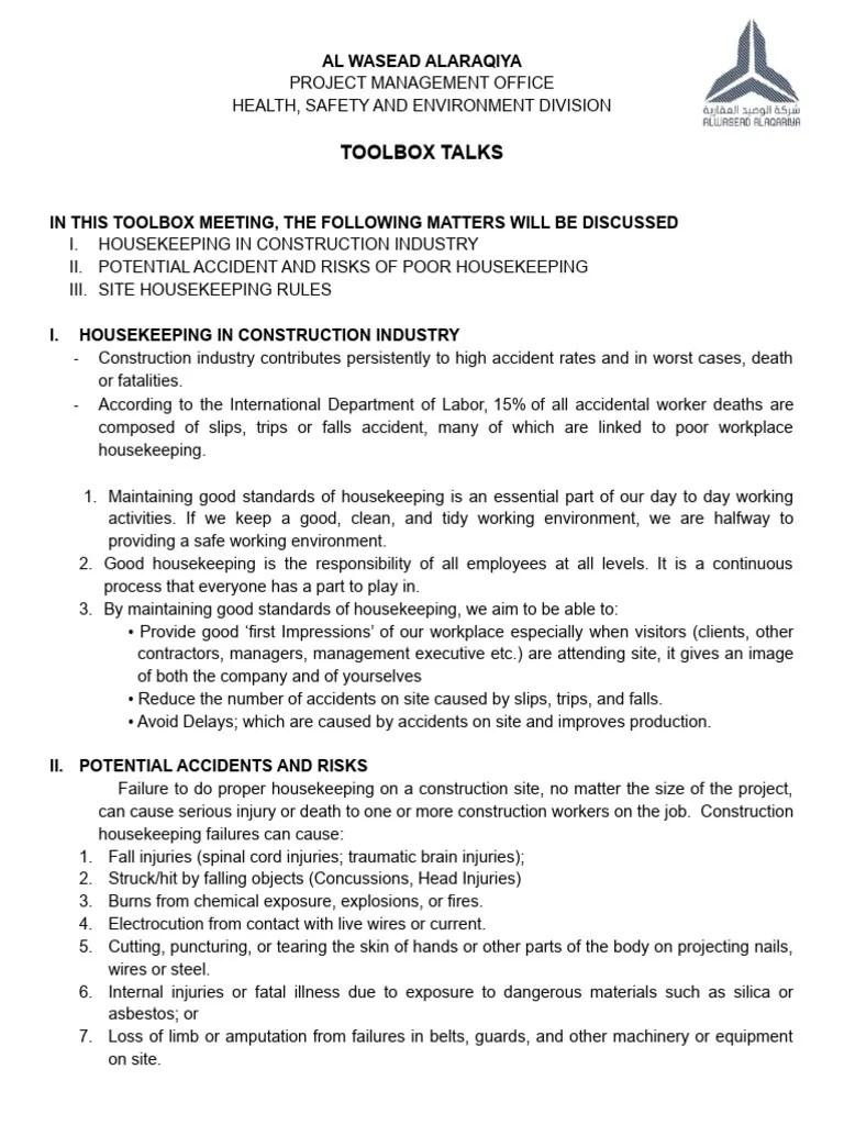 Housekeeping Toolbox Talks PDF Housekeeping Occupational Safety