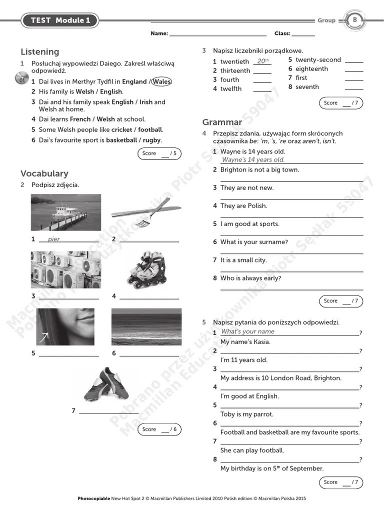 New Hot Spot 2 Module 1 Test B PDF