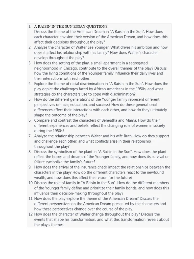 A Raisin in The Sun Essay Questions PDF