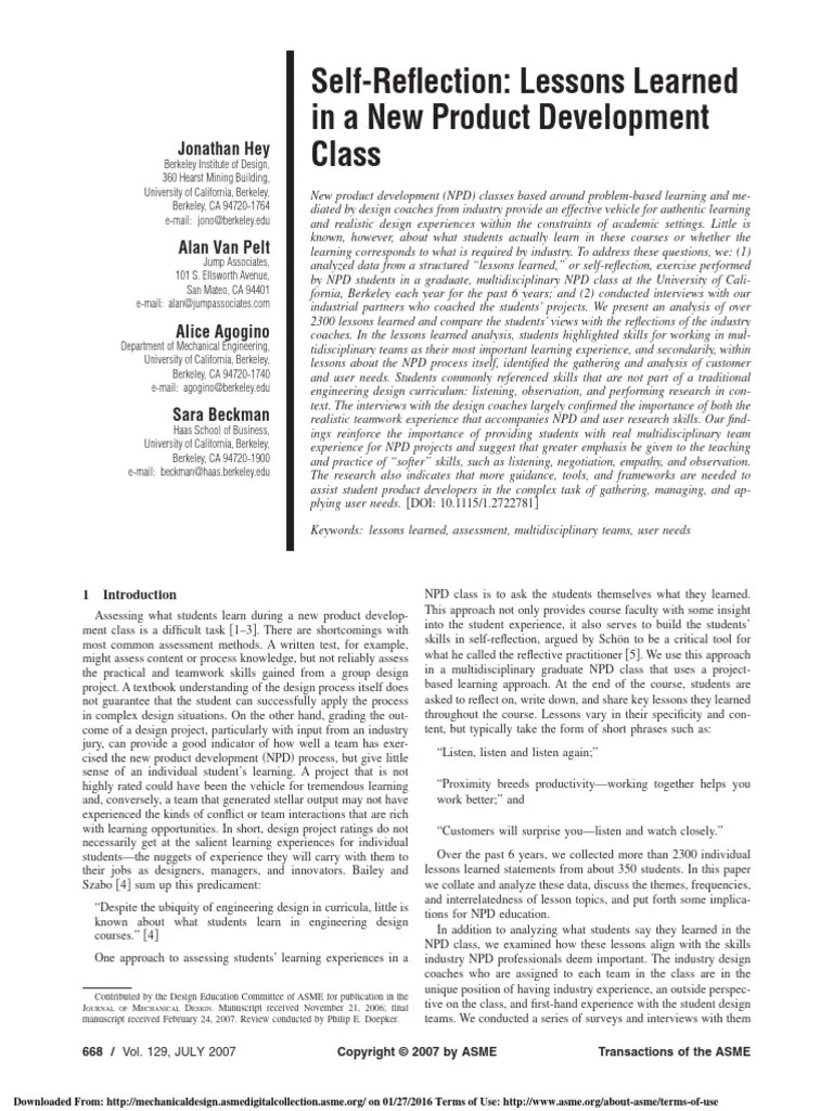 SelfReflection Lessons Learned in A New Product Development Class