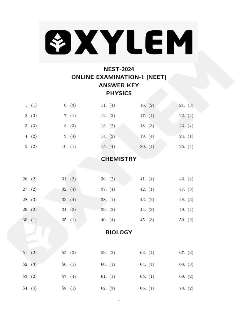 Nest 2024 Online Examination 1 Neet Answer Key | PDF