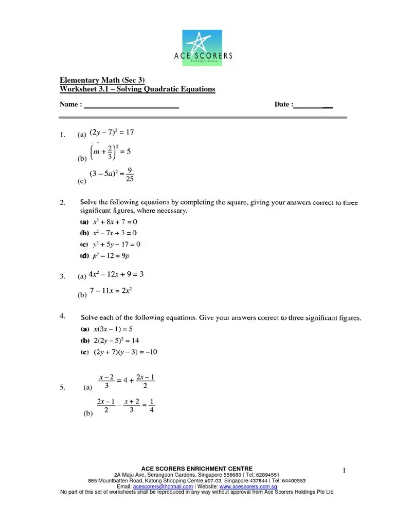 Worksheet 3.1 - Solving Quadratic Equations | PDF | Elementary