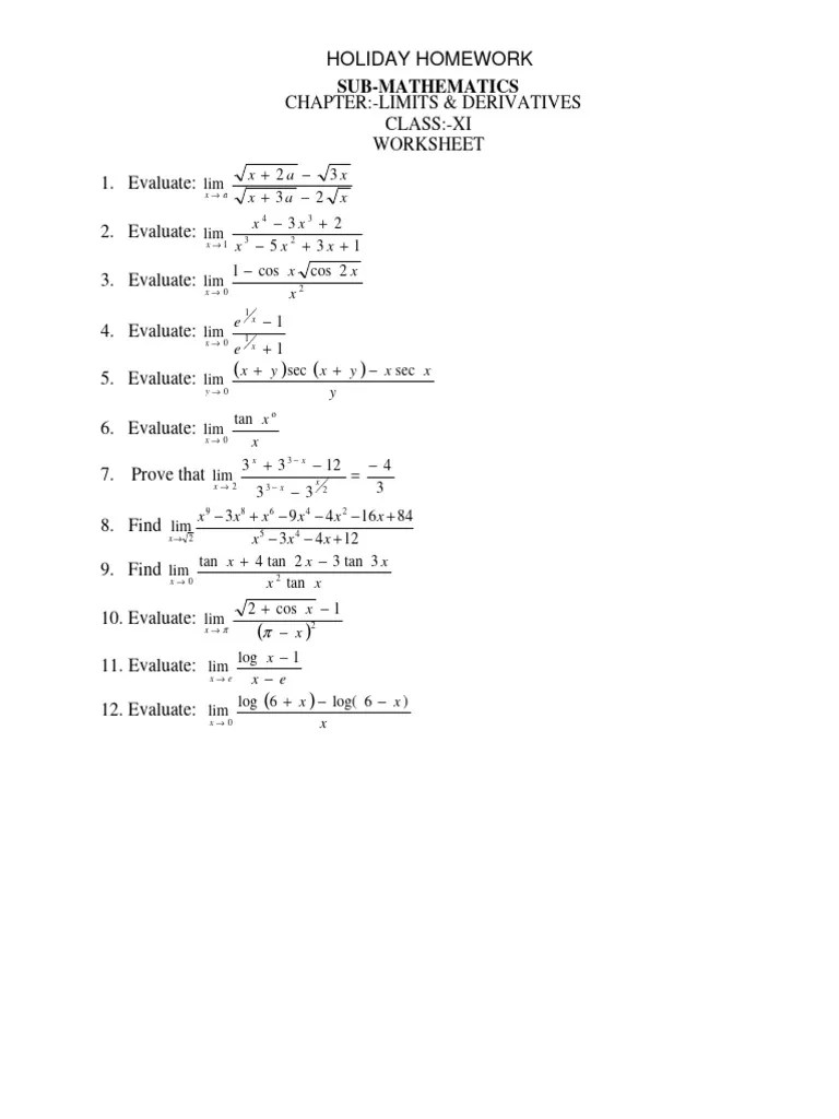 Worksheet Limits PDF