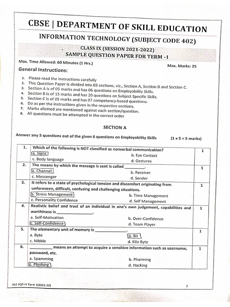 IT (402) Class IX Sample Paper PDF