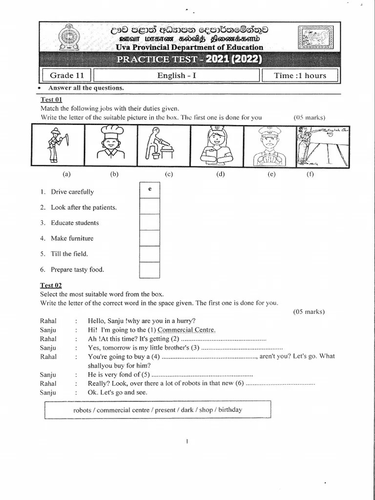 Uva Province Grade 11 English 3rd Term Test Paper 2021 PDF
