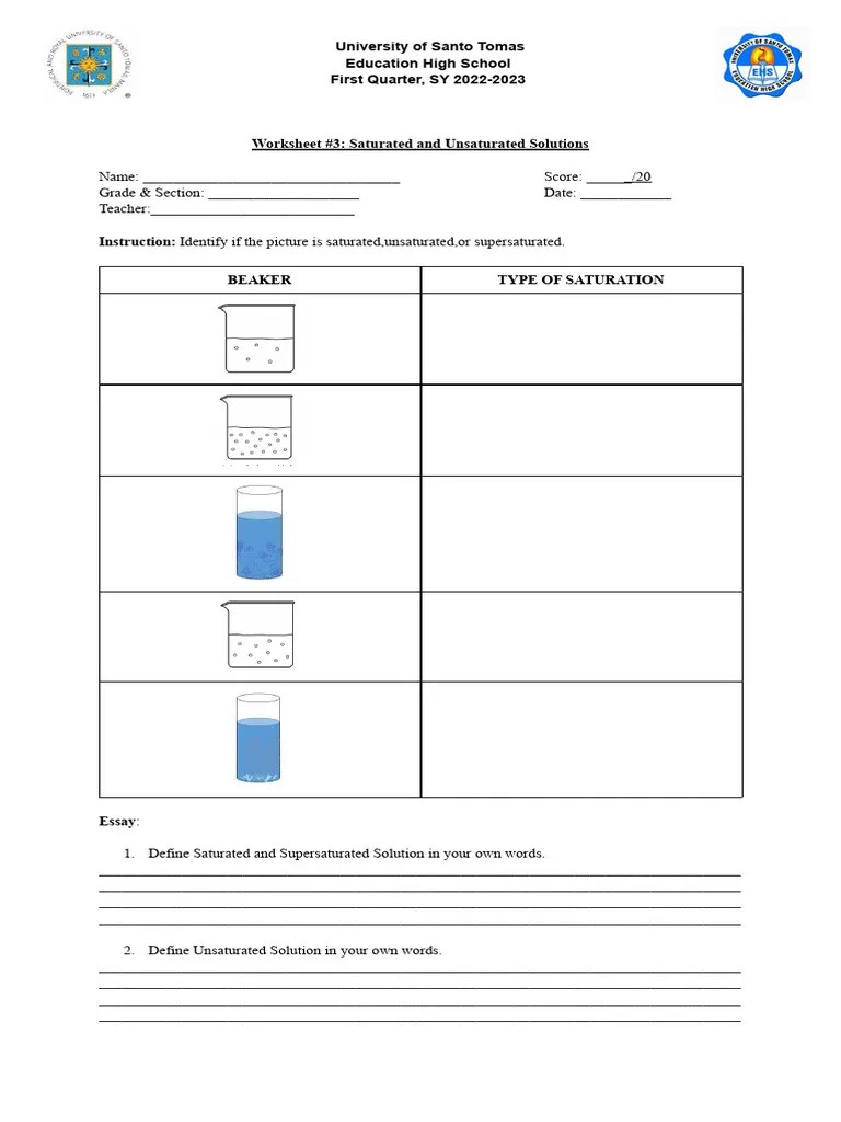 Grade 7 Saturated and Unsaturated Solution Worksheet | PDF