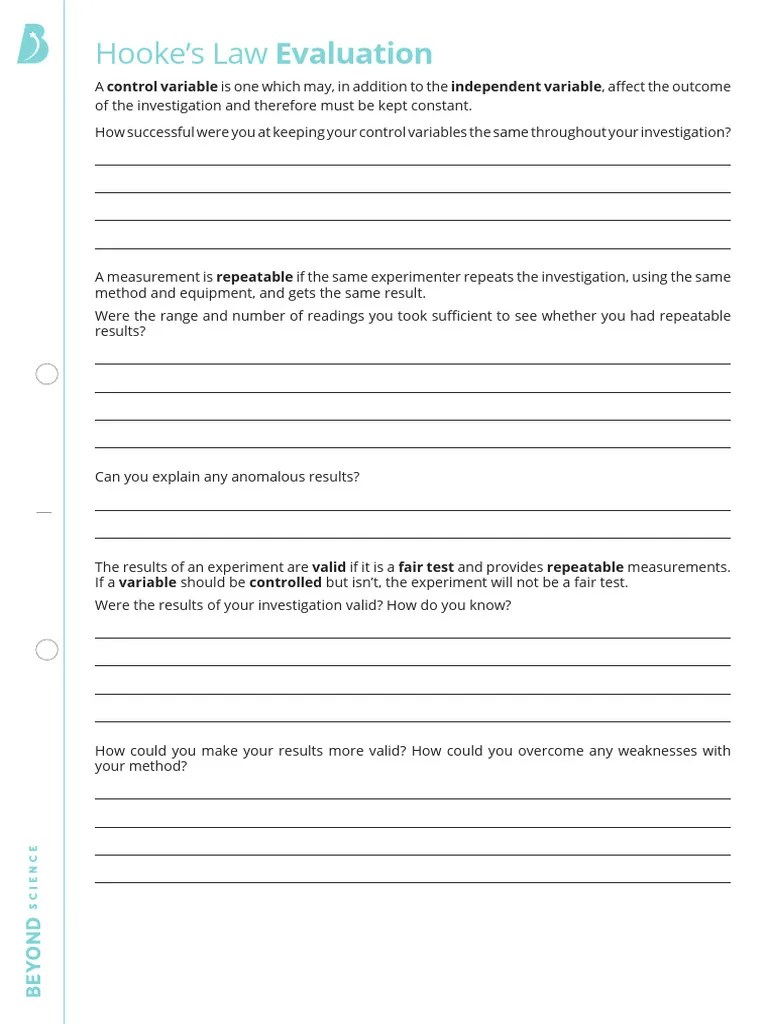 Hooke's Law Evaluation Worksheet LA PDF