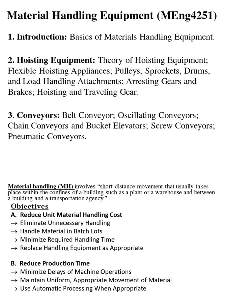 UNIT 1 Introduction To Material Handling Equipments PDF