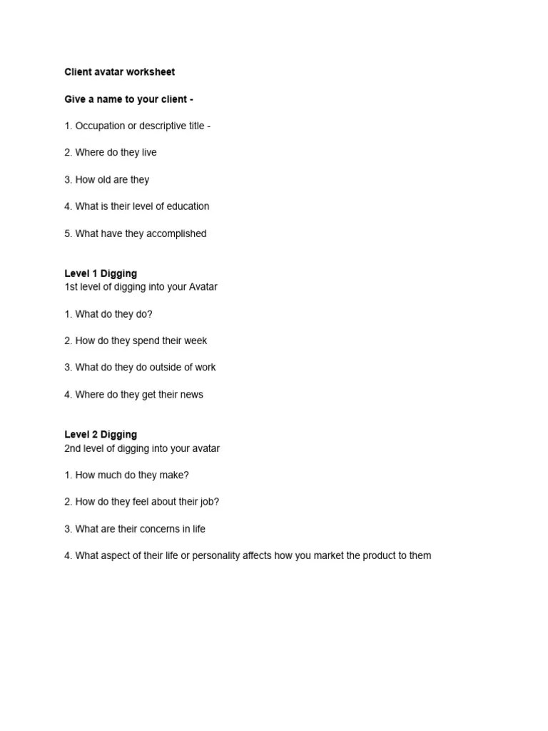 Client Avatar Worksheet | PDF