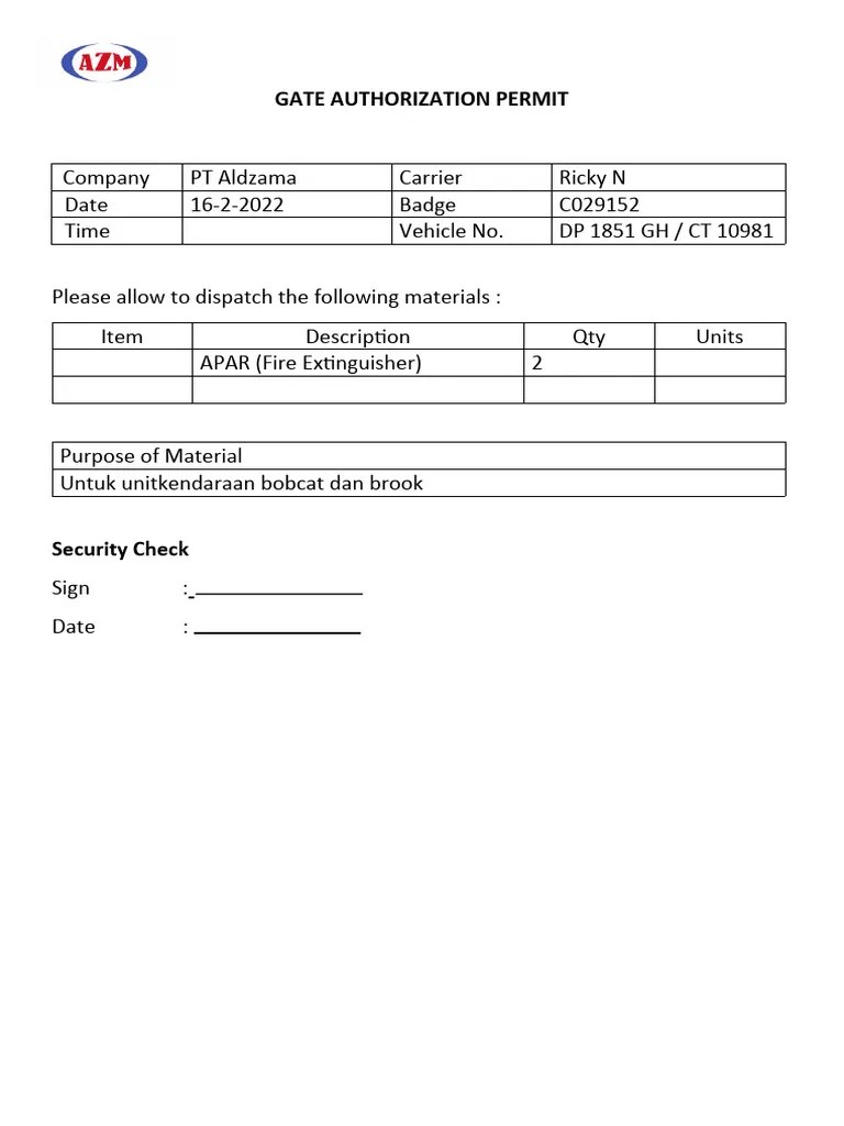 GATE AUTHORIZATION PERMIT PDF
