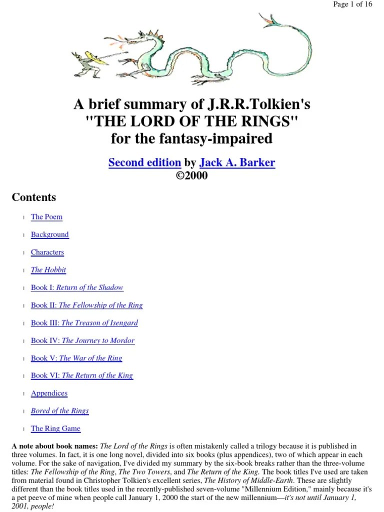 Lord of the Rings Summary Bilbo Baggins Middle Earth