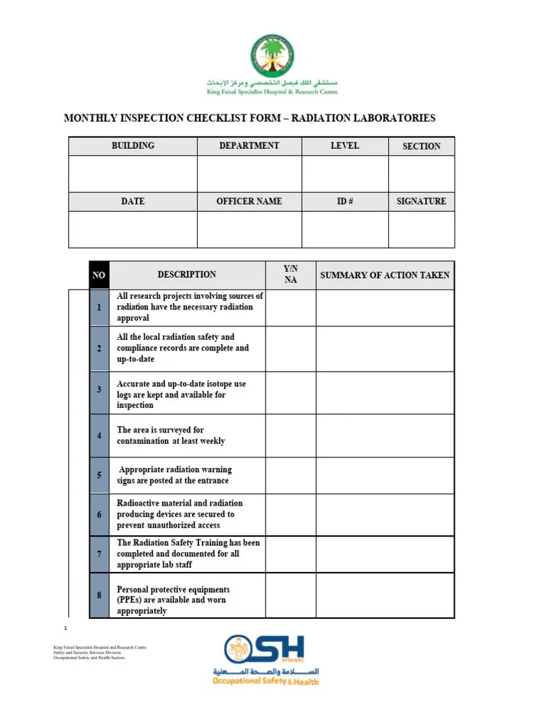 Monthly Inspection Checklist Form Radiation Laboratories. PDF
