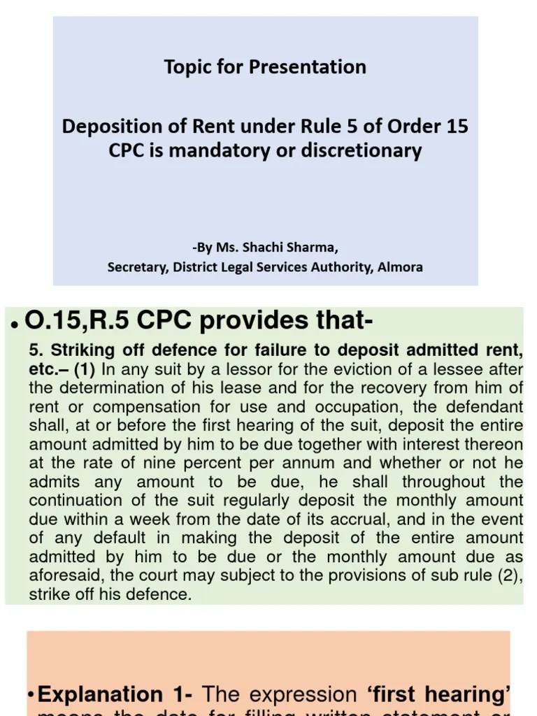 Deposition of Rent Under Rule 5 of Order 15 CPC Is Mandatory or