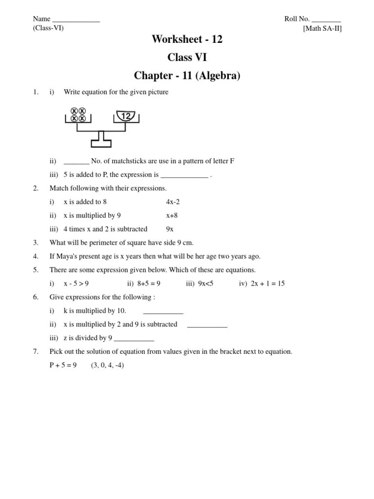 CBSE Class 6 Algebra Worksheet PDF
