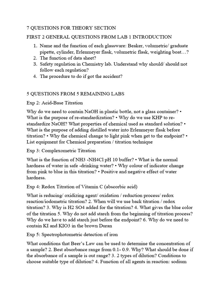 Ana Lab theory questions PDF Titration Chemistry