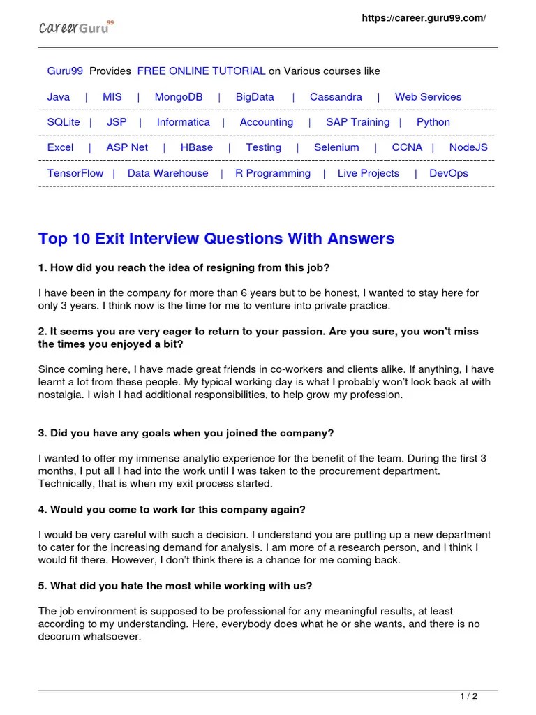 Fever Exit Interviews 2025 Pdf Answers Top 10 Exit Interview Questions With Answers PDF