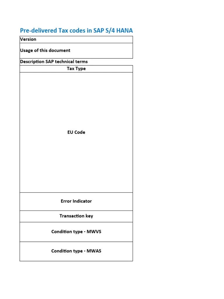 S4HANA2022 PreConfigured Tax Codes EN FR Download Free PDF Taxes
