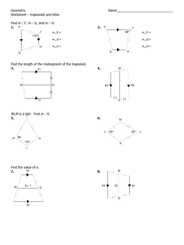 worksheet trapezoids and kites PDF