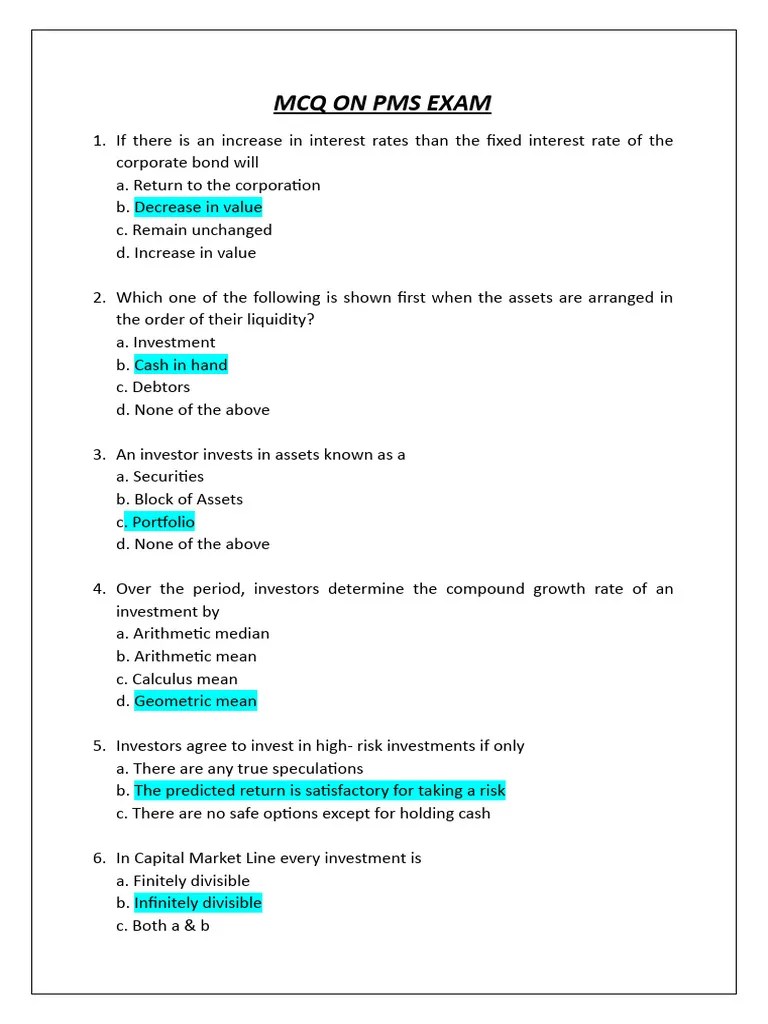MCQ On PMS Exam PDF Investing Speculation