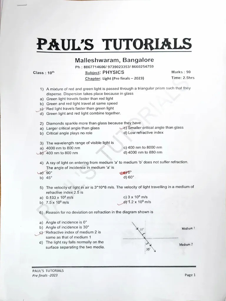 Light Answer Key PDF Refraction Refractive Index