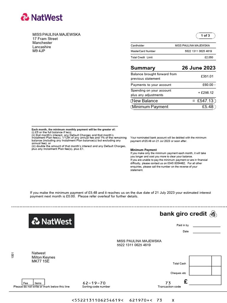 NatWest Statement PDF Payments Credit Card