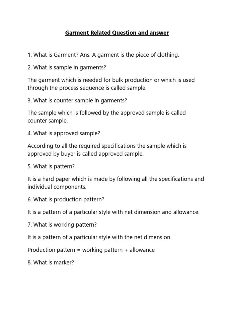 Garment Related Question and Answer PDF PDF Yarn Sewing