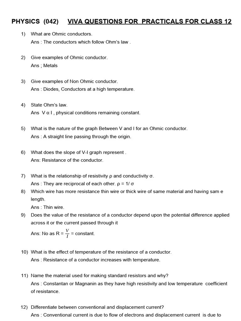 VIVA QUESTIONS FOR PHYSICS PRACTICALS For Class 12 With Answers. PDF