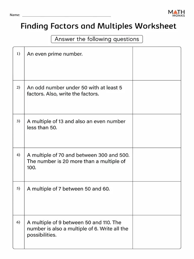 Factors and Multiples Worksheet For Grade 5 With Answers PDF