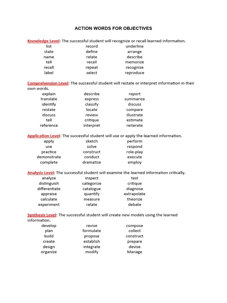 ACTION WORDS FOR OBJECTIVES PDF