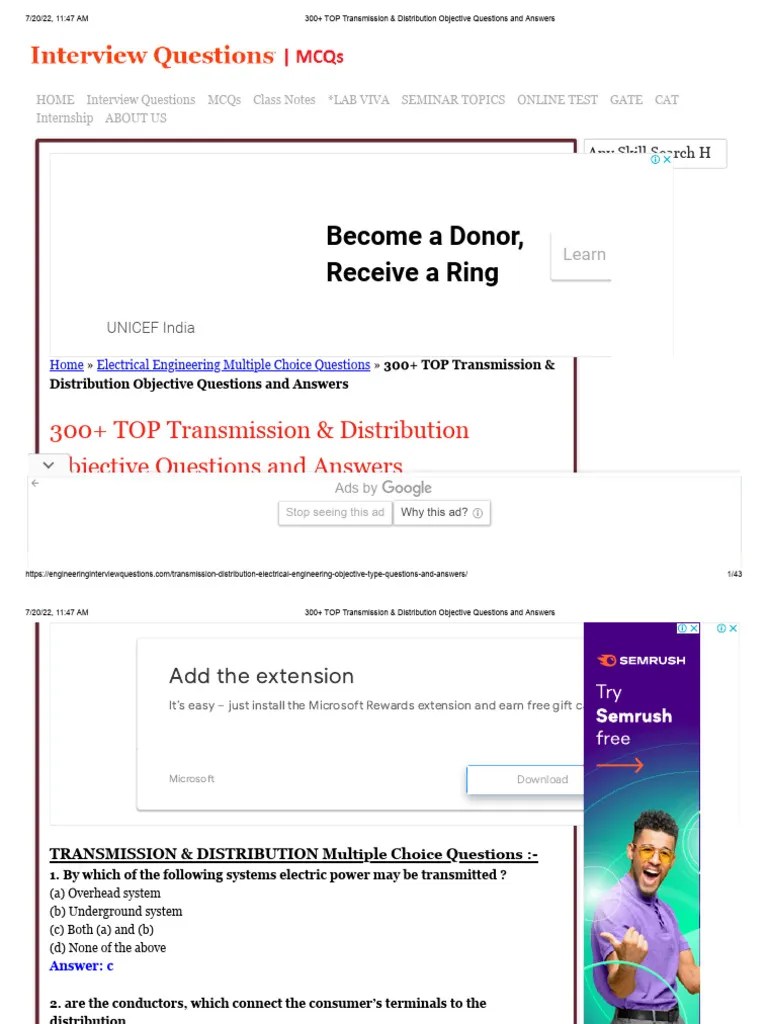 300+ TOP Transmission & Distribution Objective Questions and Answers