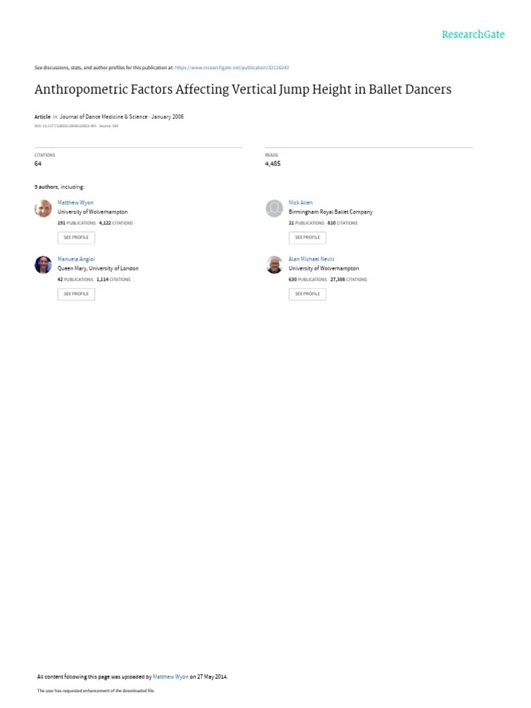 Anthropometric Factors Affecting Vertical Jump Height in Ballet Dancers