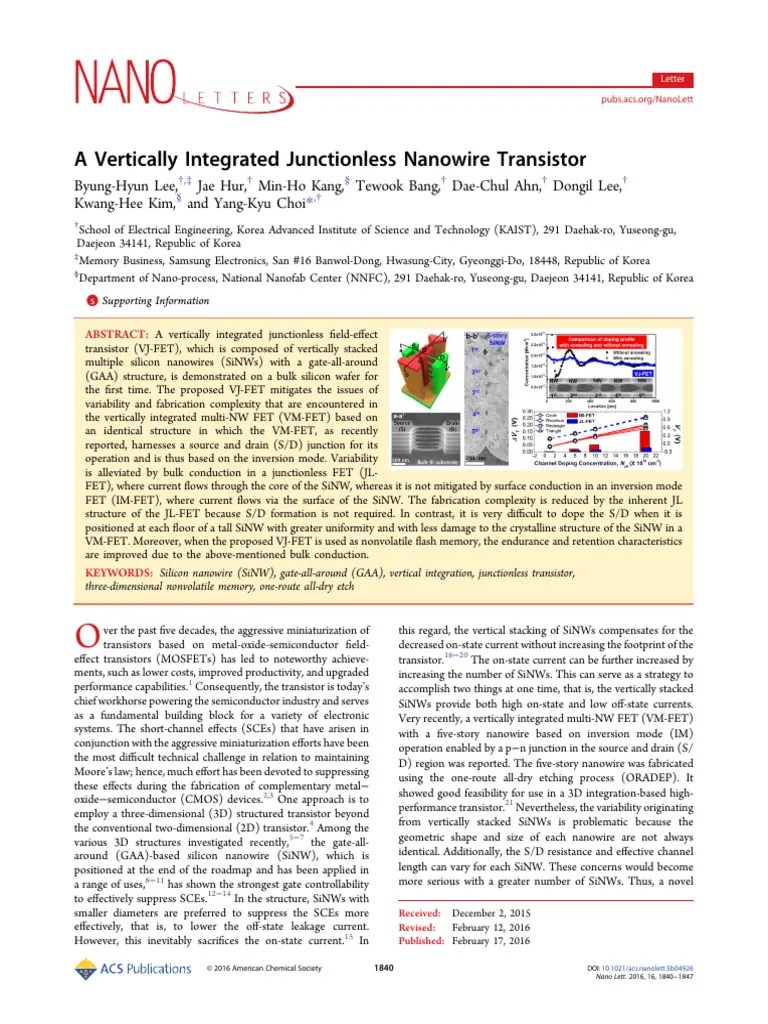 A Vertically Integrated Junctionless Nanowire Transistor PDF Field