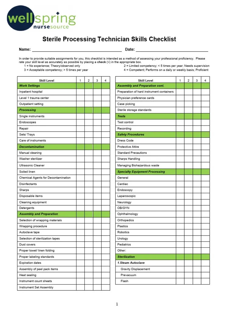 SterileProcessing_skillschecklist PDF Sterilization (Microbiology