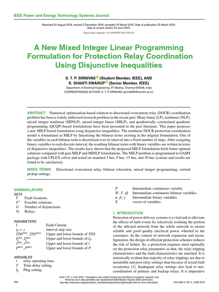 A New Mixed Integer Linear Programming Formulation For Protection Relay