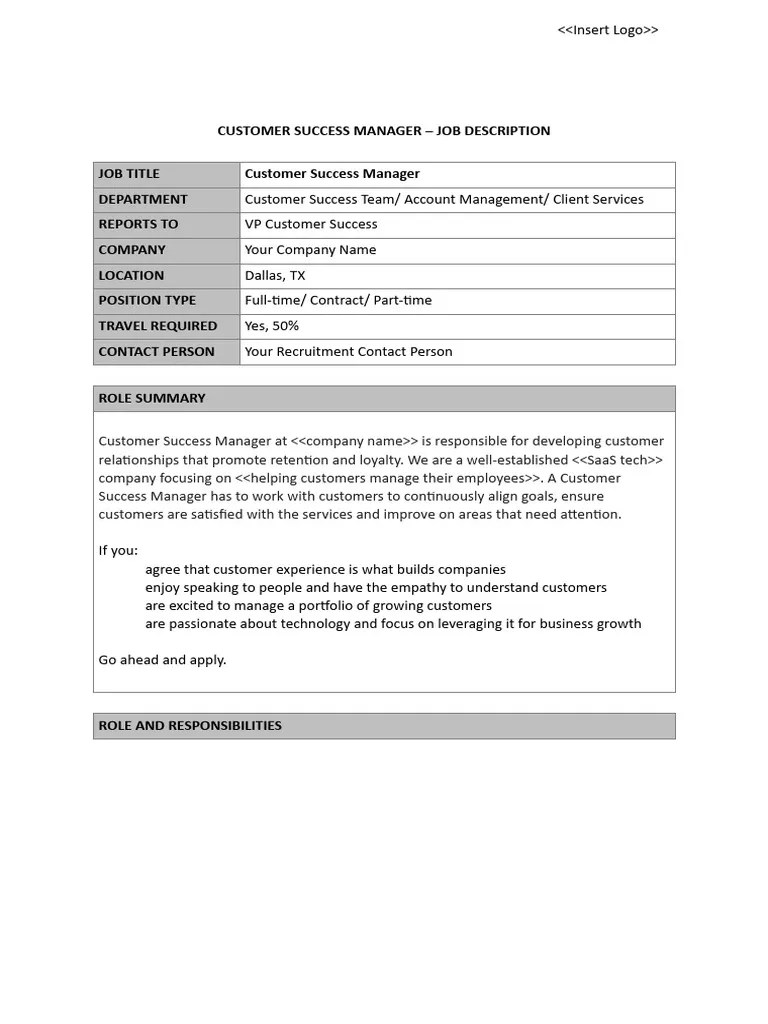 Customer Success ManagerJob Description Template PDF